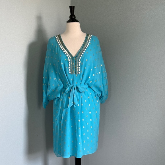 Lilly Pulitzer Aqua Blue Metallic Dot Silk Dress - Picture 1 of 12